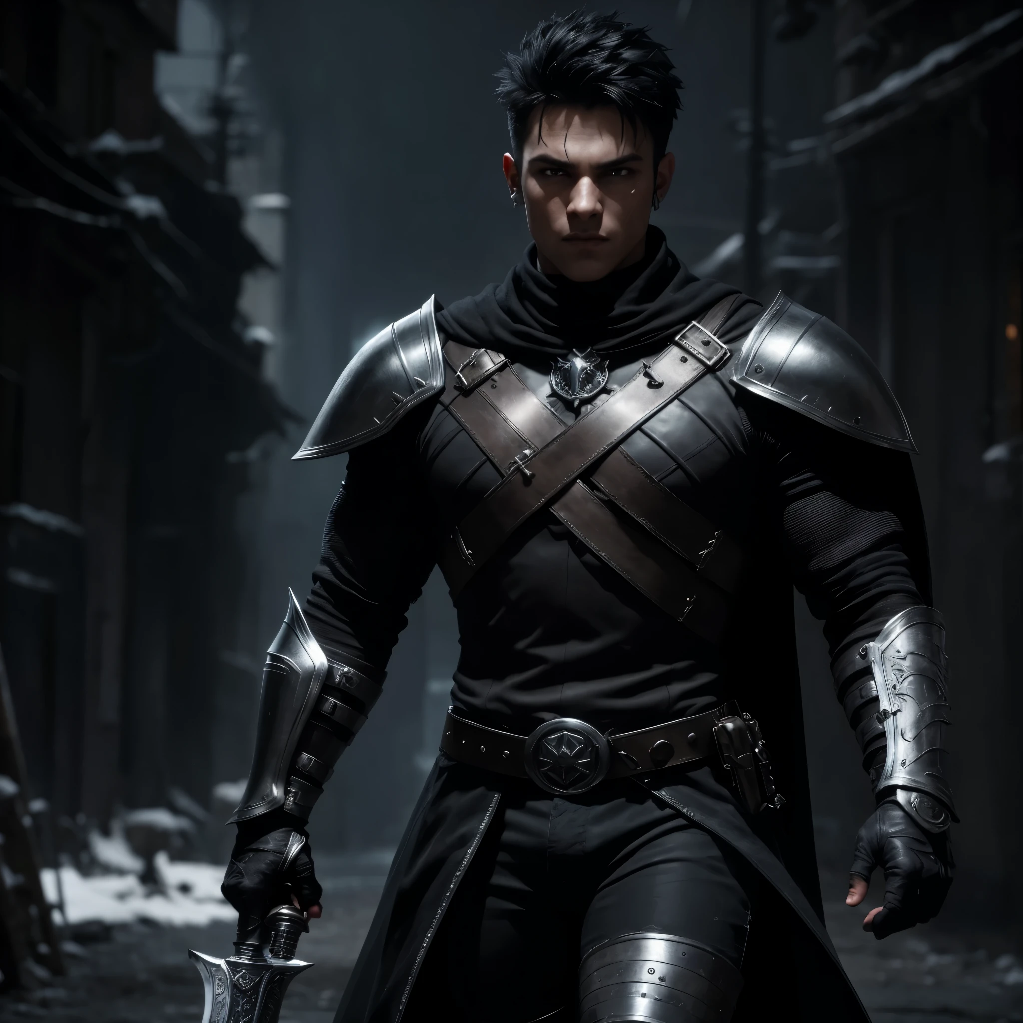 Super detail 16k ultra hd boy role-playing style super detailed face symmetrical eyes detailed marked jaw dark eyes silver armor on the chest well-detailed cracks black hair shaved on the side shabby dark clothes holding a large sword confident expression on the face dark boots full body image walking front fantasy dark night rpg city background
