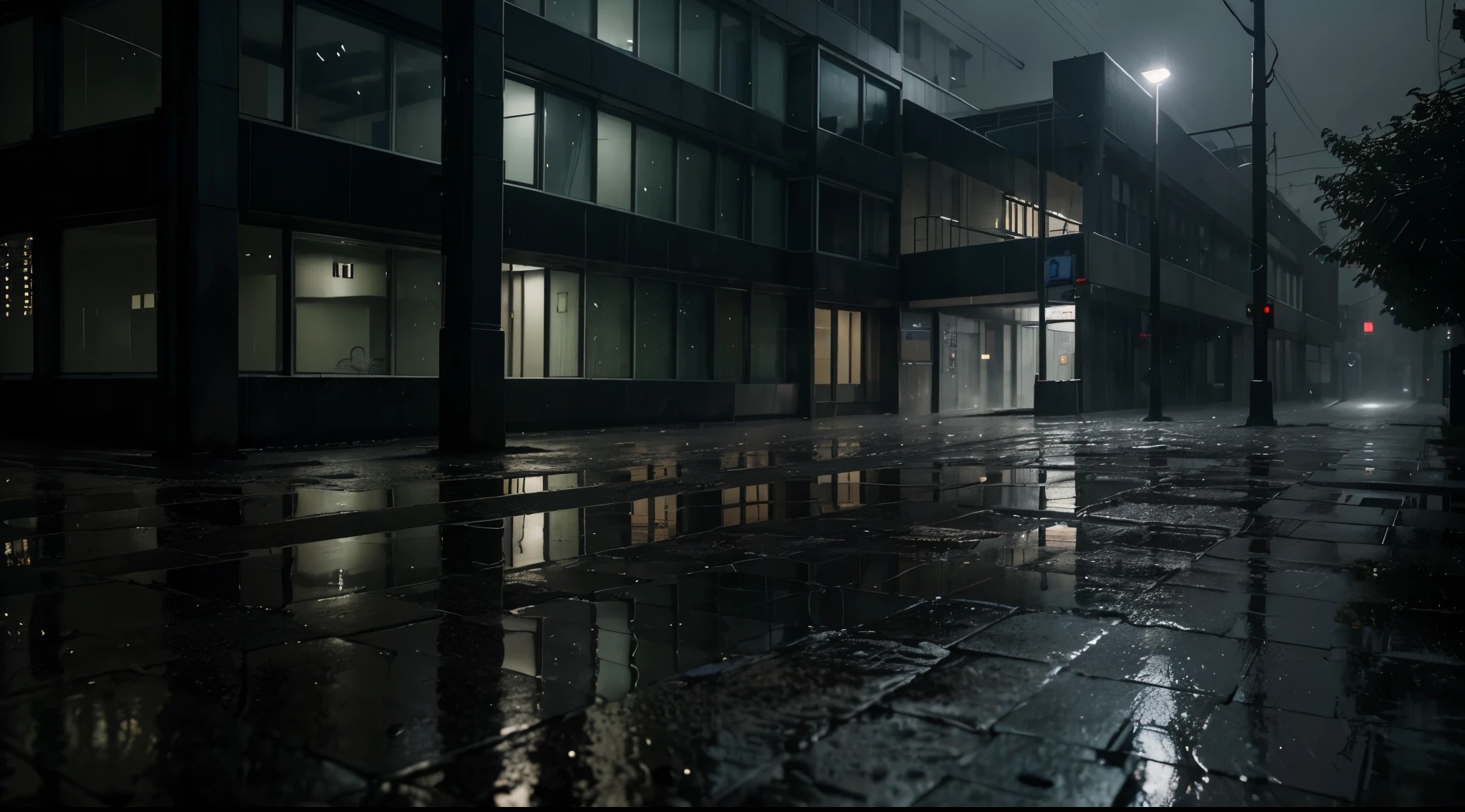 (best quality, UHD, HDR, ultra-realistic, rain), eerie hospital seen from the street at night, detailed raindrops on windows and pavement, dimly lit exterior, creepy atmosphere, spooky shadows, wet and reflective surfaces.