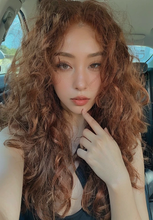 arafed woman with encaracolado hair sitting in a car with her finger on her lips, brown encaracolado hair, encaracolado copper colored hair, with encaracolado red hair, encaracolado brown hair, Ela tem pele marrom oliva, encaracolado haired, red encaracolado hair, com pele parda, encaracolado hair, long encaracolado brown hair, encaracolado red hair, encaracolado, pele clara, pele clara tone