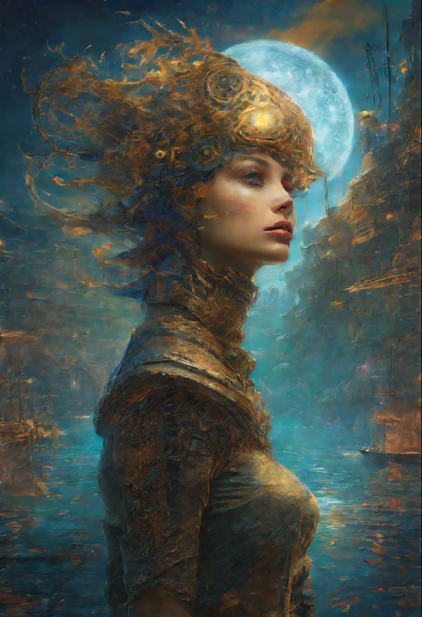 (biopunk com cyber-punk majestoso-android:1.2), stunning holographic rendering, at the bottom of the whirlpool explosion, hat with neo-medieval dress, oil painting with extremely fine details, (impressive composition with bio-punk:1.1), mechanical engineeringmechanical mechanics delicate hair beautiful shine:1.3), gracefully against the heavenly backdrop of epic trance waves, ethereal glow of the moon and the vibrant, tons de fantasia de vidro quebrado, various strong exposure effects designed, pinturas foscas foto-pintura, stunning extremely exceptional sharpness and unparalleled clarity, Breathtaking details that seem almost unrealistic, Extremely fascinating with breathtaking details, brushstroke technique with exquisite details very unrealistic, impressive brushstroke technique, detalhes requintados irrealistas, gel-ink-crafting ciano escuro multicolorido, lindo brilho louco, adiciona uma cena impressionante de alto contraste, no geral deslumbrante lindo, surpreendentemente preciso e elaborado em todo, (Obra-prima em guache inspirada em samurais medievais e bruxas de fantasia sombria:1.1), cabelo com brilho louco, (mysterious science fiction coating:1.1),