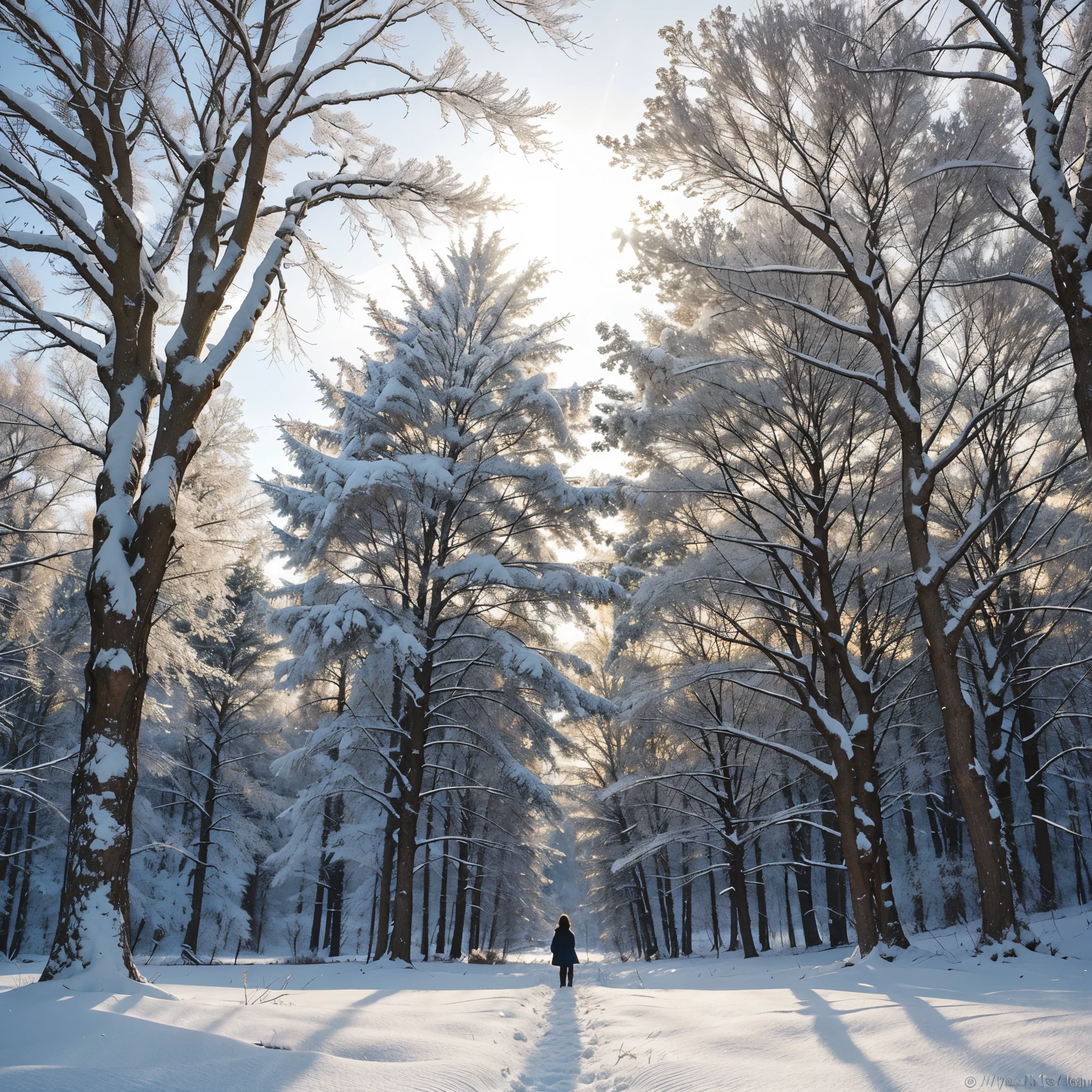 In a serene winter landscape, a majestic snow-covered oak tree stands tall against a clear, cold sky. Its branches, delicately adorned with frost, reach out like outstretched arms, welcoming the peacefulness of the season. The forest behind it is blanketed in pure white, creating a mesmerizing scene of tranquility. The image, like a breathtaking photograph, captures the essence of a snowy day with sunlight gently piercing through the trees, casting a soft, ethereal glow.