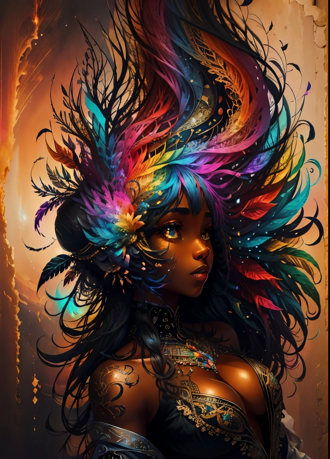 colorhalf00d,, top-down view of a gabrielle uniyon, black woman, feathers, acceptance vibrant, beautiful, intricate, detailed