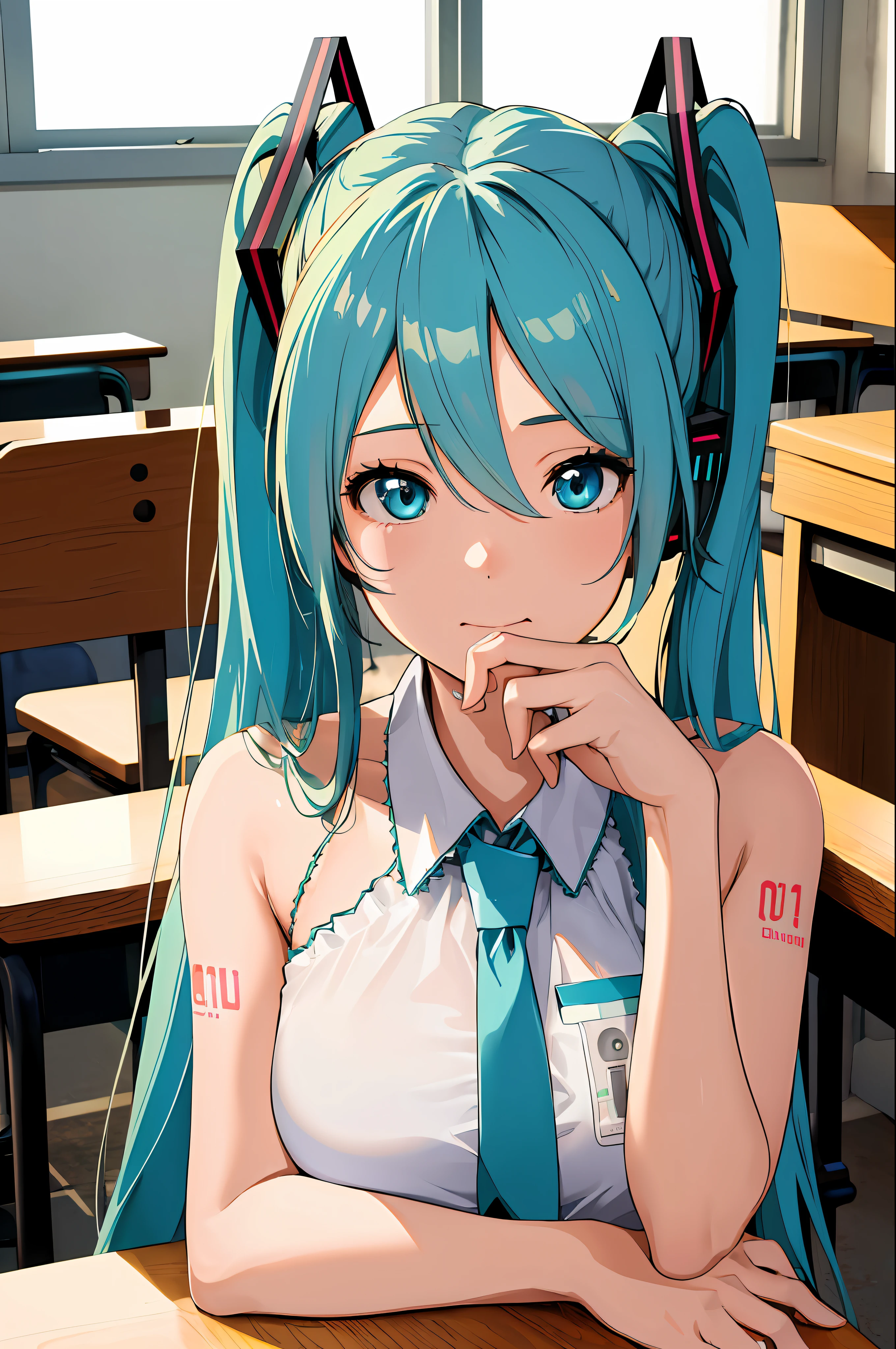 Evening Classroom、Sitting at a desk、Short sleeve shirt for 、Facing forward and looking up、I can see her 、Hatsune Miku
