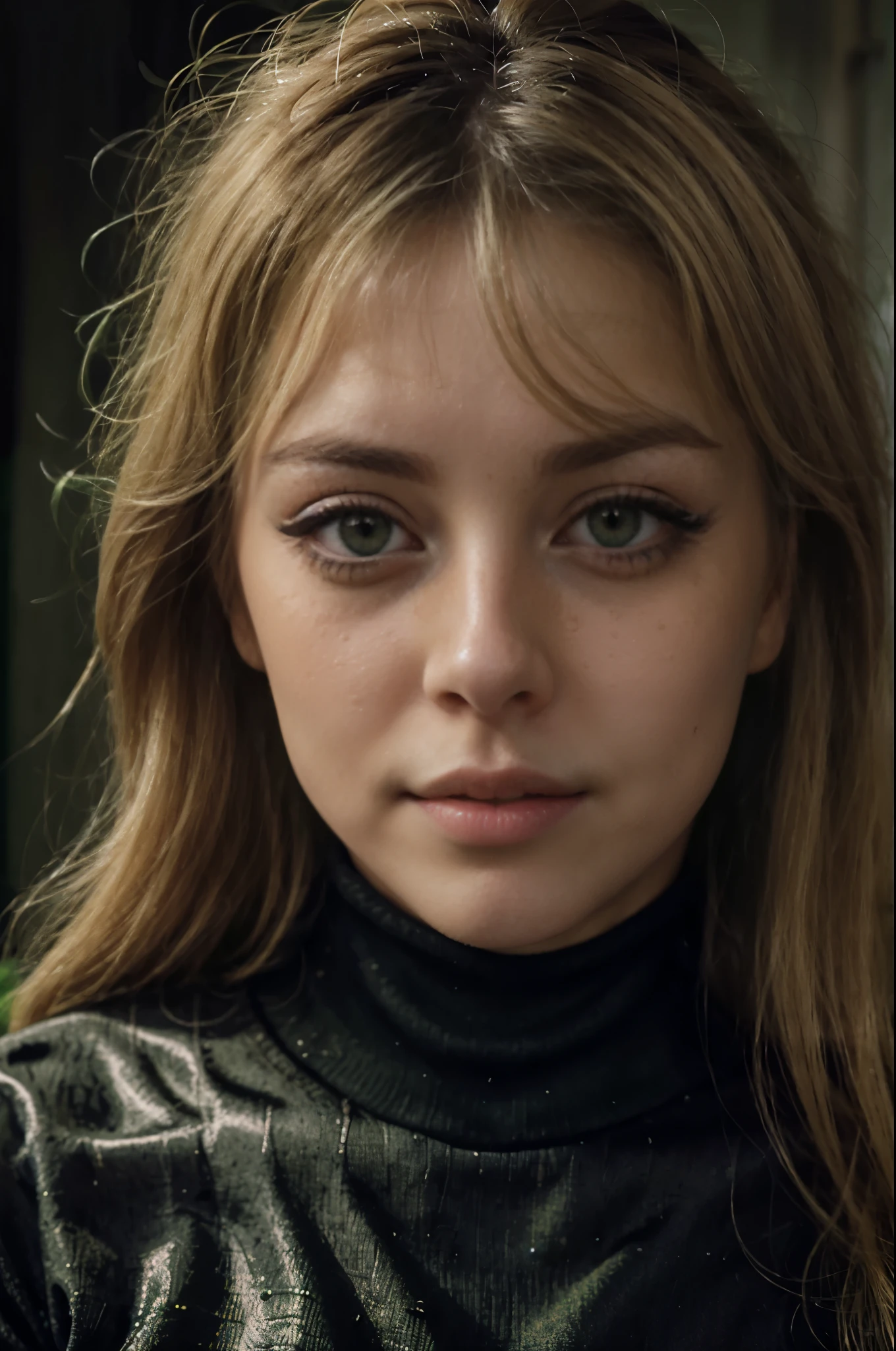 1 woman, ((Blonde hair, Green eyes, long eyelashes)), Amazingly intricate full-color portraits 、 wearing a black turtleneck, , Natural lighting, Subsurface Dispersion,  , face portrait photography, Detailed face, A photo that focuses only on the face, close up of face camera