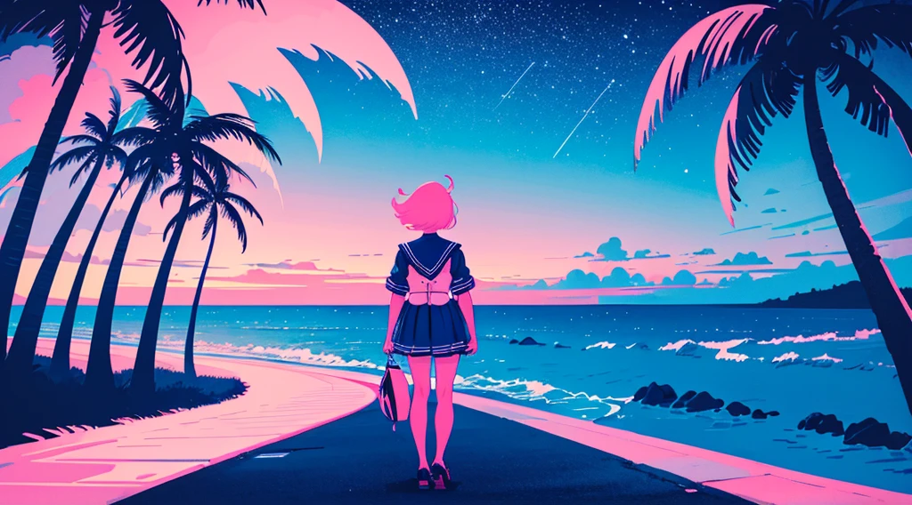 (back view of girl, sailor suit, kawaii), (cyberpunk road by the sea, pink glowing road, starry blue sky, big moon, palm trees), (low contrast, flat color, limited palette)