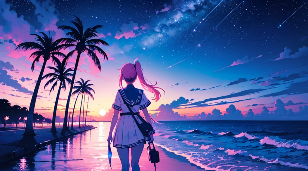 (back view of girl, sailor suit, kawaii), (cyberpunk road by the sea, pink glowing road, starry blue sky, big moon, palm trees), (low contrast, flat color, limited palette)
