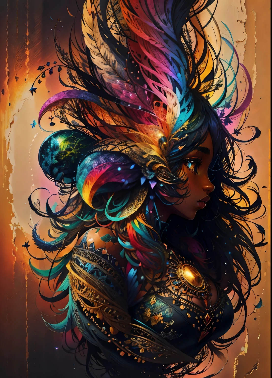 colorhalf00d,, top-down view of a gabrielle uniyon, black woman, feathers, acceptance vibrant, beautiful, intricate, detailed