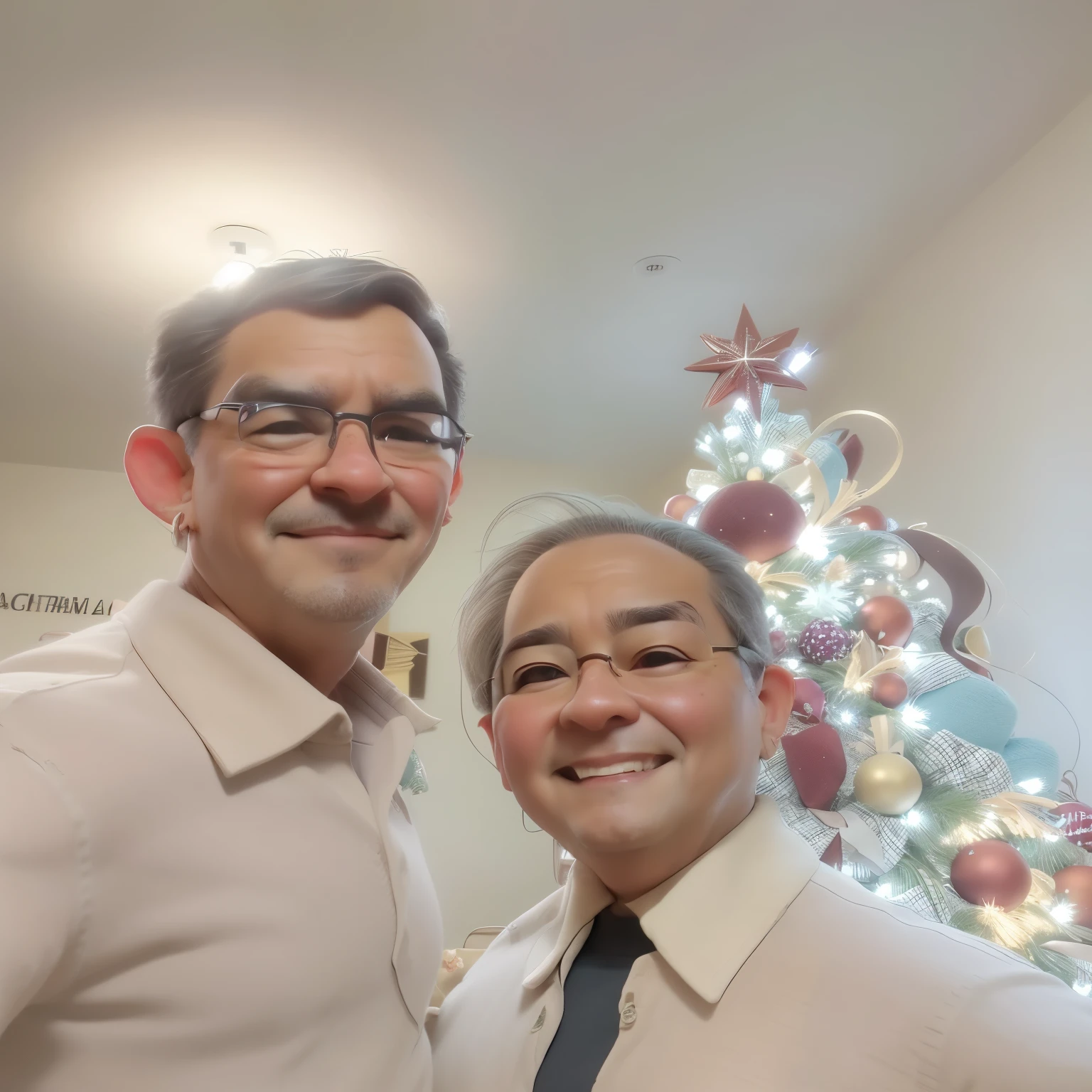 They are posing for a photo in front of a Christmas tree., Imagen de perfil, Cinematographer, jose miguel roman frances, 1614572159, photo tomada en 2 0 2 0, with a tree in the background, 4k post, Puesto 4K, uniforme blanco, feliz!!!, Pareja encantadora, tomada en 2 0 2 0