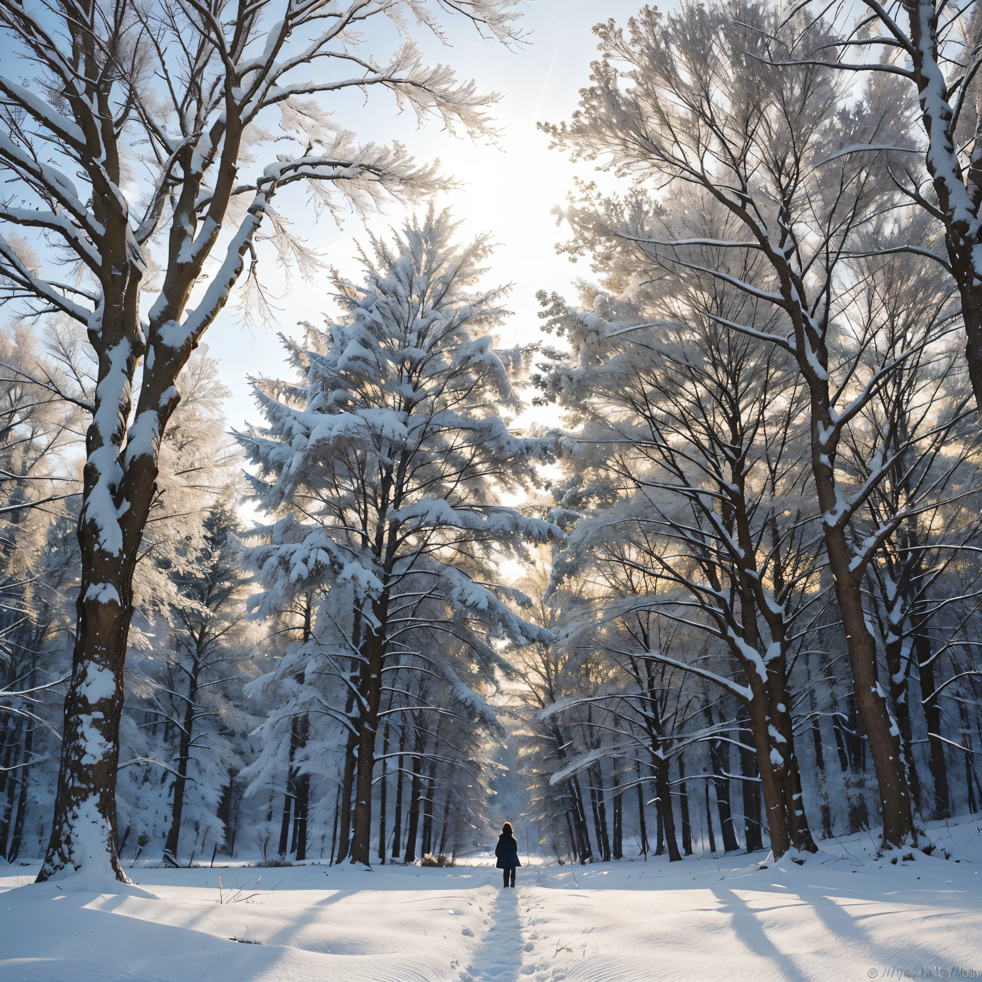 In the quiet winter landscape, Snow-covered oak trees stand tall in the clear sky., The sky is cold.. its branches, Elaborately decorated with frost., Reach out like you're stretching out your arms., Welcome the peace of the season.. The forest behind was covered in pure white., creating a mesmerizing scene of tranquility. image, เหมือนimageถ่ายที่น่าทึ่ง, จับimageแก่นแท้ของวันที่หิมะตก โดยมีแสงแดดส่องผ่านต้นไม้อย่างอ่อนโยน, Handsome and soft, Ethereal glow.