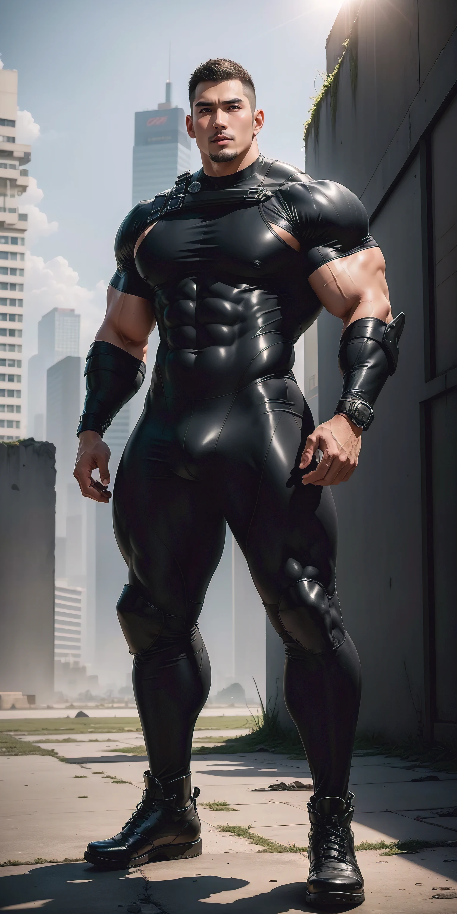 A tall, muscular man 2 meters tall opened his mouth and shouted.,In the ruins of the city,There are huge gray yoga balls,He opened his mouth wide,character design(生化危机 - Chris Redfield,Chris Redfield)Wearing a shiny dark gray wetsuit,The whole body is wrapped,High-end leather texture,Regular symmetrical texture pattern,Standing alone in the ruins of the city in the open air, Bright sunlight shines on the body,There is a ball on the ground,expression sad,A hero with deep and charming pupils,heroic masculine pose,Tall and burly,Muscular!Sexy and attractive leg muscles,tall, Burly, and strong, Wearing a shiny dark gray wetsuit, Super gain and cool, commission for high resolution, Big feet in dark gray boots,Charming strong man,Bright sunlight shines on the body,Reflective and shiny