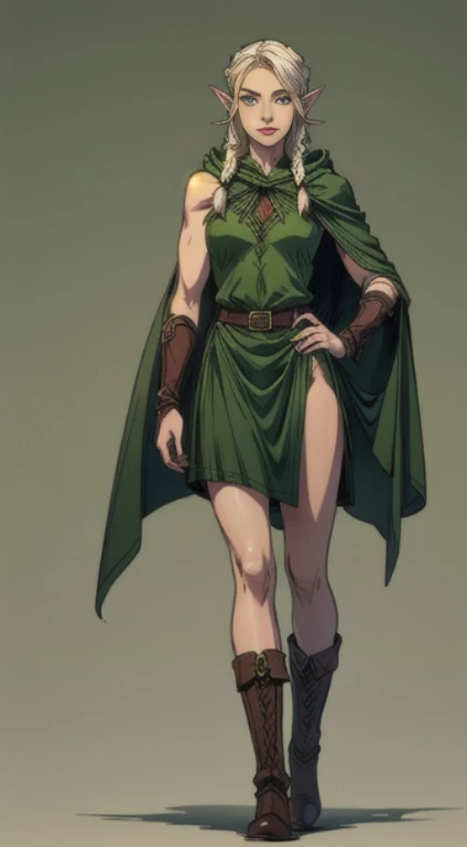 no background, background clean, standing character full body ((solo)), elf female beautiful adult, perfect slim body, beautiful charming cute face, sexy face, long white hair with braids, pretty detail eyes, beautiful detailed lips, extremely detailed eyes and face, green armor elf, green cloak, bare legs, leather boots