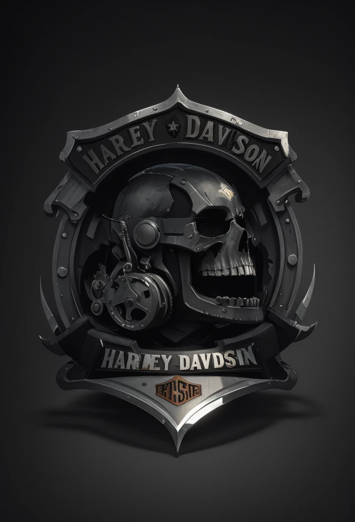 Harley Davidson logo design,t shirt design,beefy style,design only,white background,no model,professional,high contrast,high-res,ultra-detailed,vivid colors,metallic accents,sharp focus,edgy,dynamic composition,gritty texture,rough brush strokes,mechanical elements,chrome effect,classic typography,retro style,distressed look,aggressive lines and curves,3D rendering,striking visual impact,dark shadows,strong branding presence,monochromatic palette,industrial aesthetic
