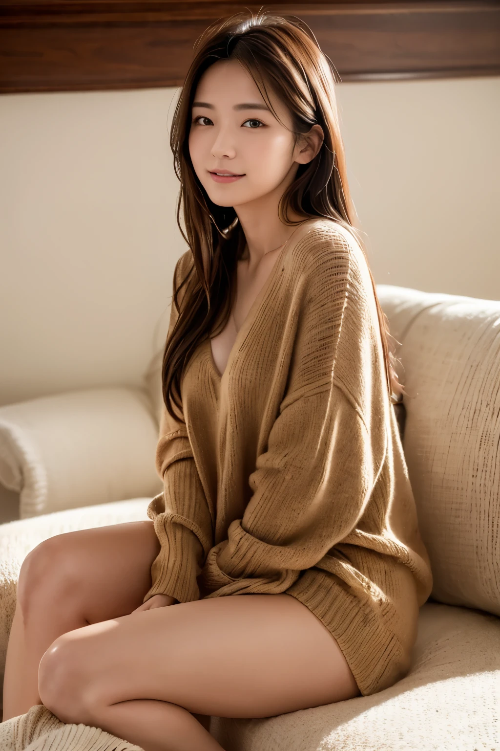 (top-quality、8K、32K、masterpiece,)Beautuful Women、very loose knit、In soft light、Sitting on a white sofa,A sexy、profile,full body,natural soft light、holding a red mug with both hands