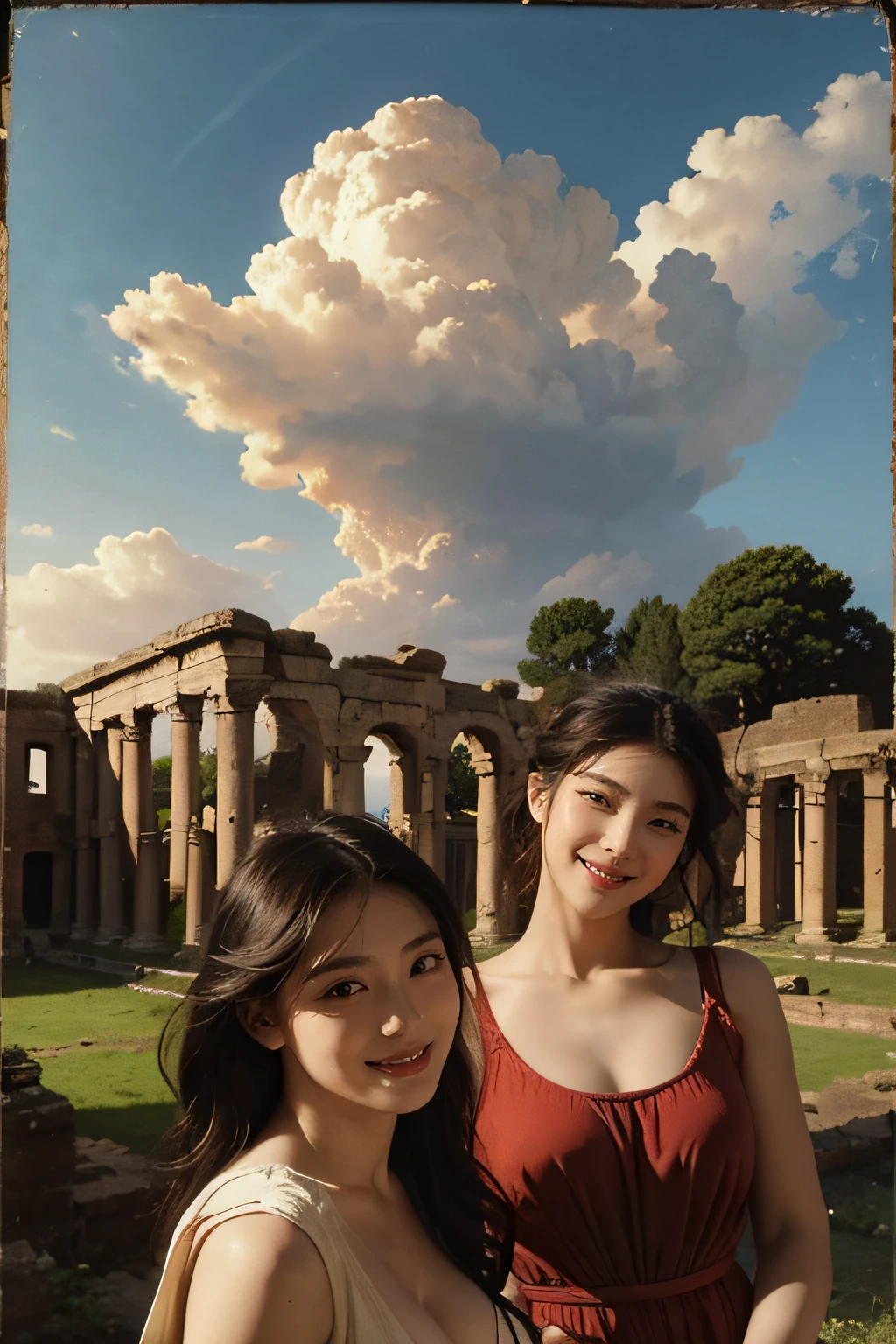 Ancient Roman ruins,Poussin-style landscape,A smile,,Sweet and seductive appearance.、Caravaggio's paintings、Chiaroscuro of Caravaggio、Hair disheveled in the wind,Two women frolicking,Cute smile, Expression of ecstasy,A sexy,Erotic