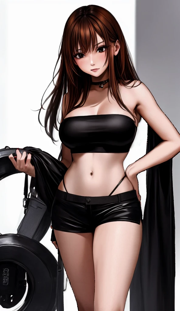 A beautiful adult woman with shoulder-length hair, big breasts, and beautiful legs is wearing a black tube top that exposes her navel and black hot pants, and is standing with her legs spread apart, blushing.。