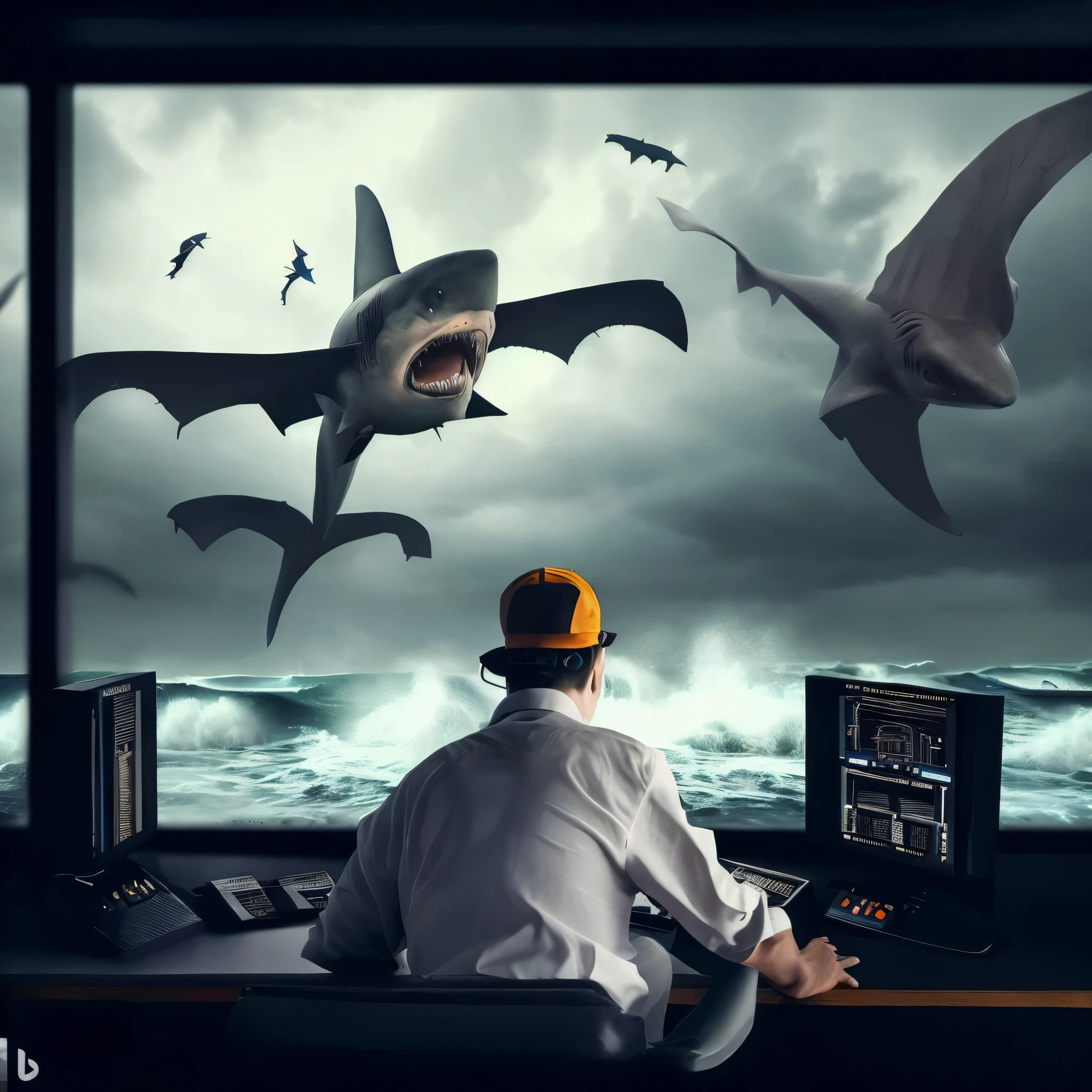 there is a man sitting at a desk with a computer and a shark, creative photo manipulation, realistic fantasy photography, surrealistic digital artwork, surreal matte painting, 3 d render and matte painting, realistic photography paleoart, photo manipulation, cinematic photograph concept art, 3 d epic illustrations, vfx art, surrealism 8k, matte sharp painting, 3d matte painting