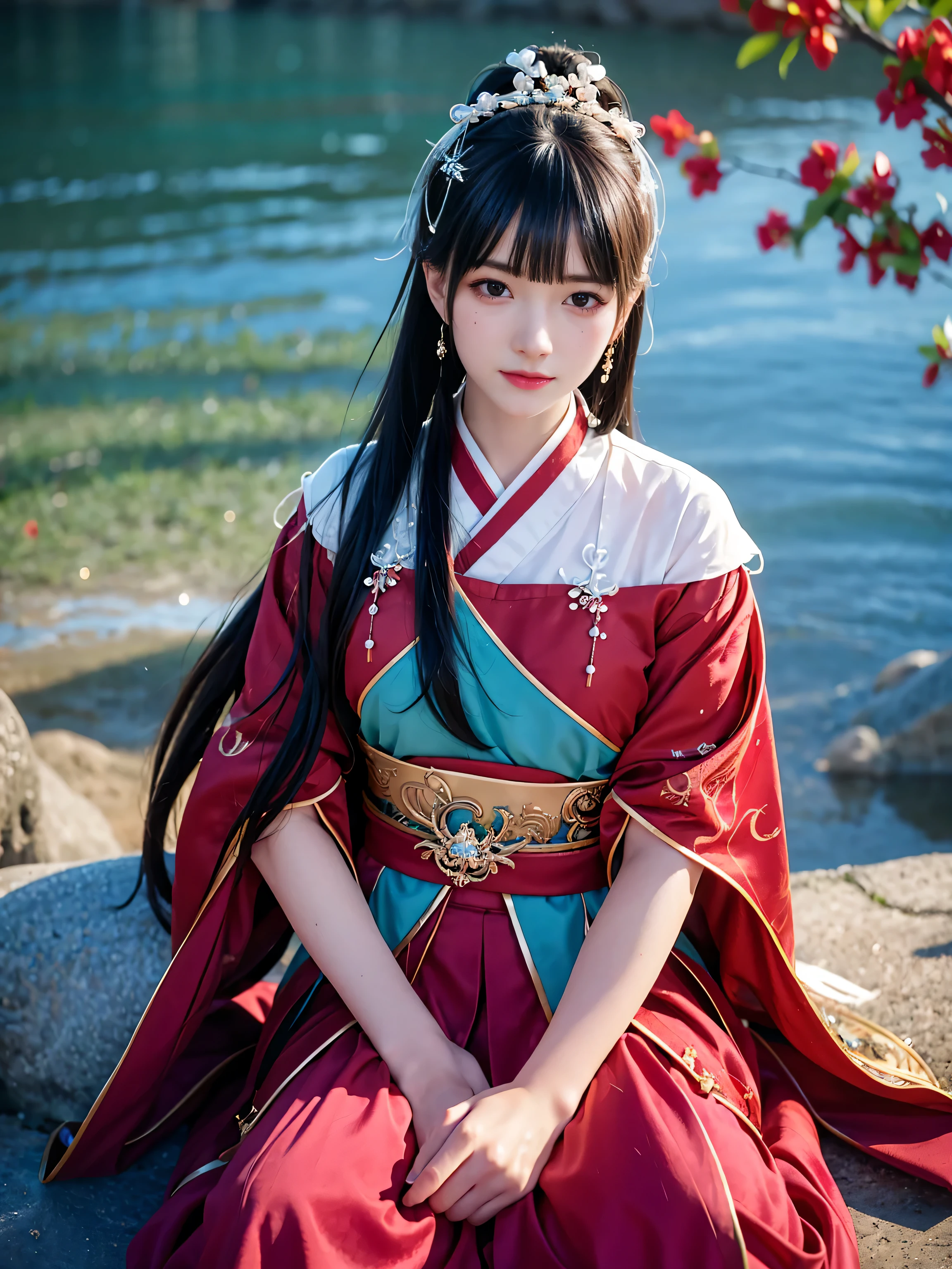 closeup on face, female pubic hair, Chinese wind, ancient wind, red color Hanfu, Seated position, long long hair, Delicate clothing patterns, elegant, ornate, elegent, seas, Red ribbon, Water magic, Water, Sense of brokenness, liuli, The underwater world, bubble, coral, Koi, Finned wings, Staff, pearl, aquamarine, closeup on face, twin braids, hair strand, diagonal bangs, hair ribbon, hair ornament, forehead jewel, jeweled branch of hourai, crescent hair ornament, fish hair ornament, god rays, sparkle, cinematic lighting, lens flare, UHD, high details, high quality, highres, best quality, 8k, 16k, high details, high quality, super detail, anatomically correct, masterpiece, ccurate