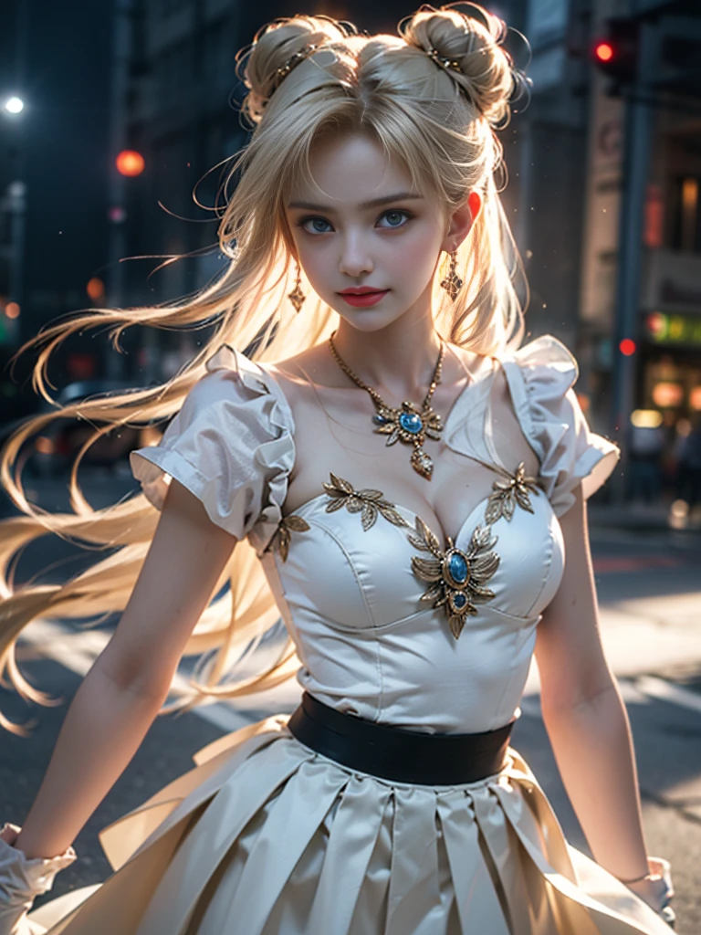 tmasterpiece，Highest image quality，super detailing，Best quality at best ,Extremely Delicately Beautiful, Very meticulous,Best quality at best, offcial art, extremely detaild的 CG unified 8k wallpapers, Ana de Armas portrait photo, 金发eBlue eyetremely detailed CG unity 8k wallpaper，tmasterpiece，Highest image quality)，(Delicate light and shadow，The picture has a dramatic lens effect)， （Mariner Moon：1.1），Enchanted smile，double tails， eBlue eyes，coiffed blonde hair， tight top，White gloves-skirt，dynamicposes)，The background is the universe(superior detail，The lighting effect is outstanding，Vista wide angle)，(Excellent rendering，Enough to stand out from the crowd)，Sexy big breasts，Dreamcatcher earrings，The sexiest look，Beautiful floral print silk garments，The most beautiful woman in the world，