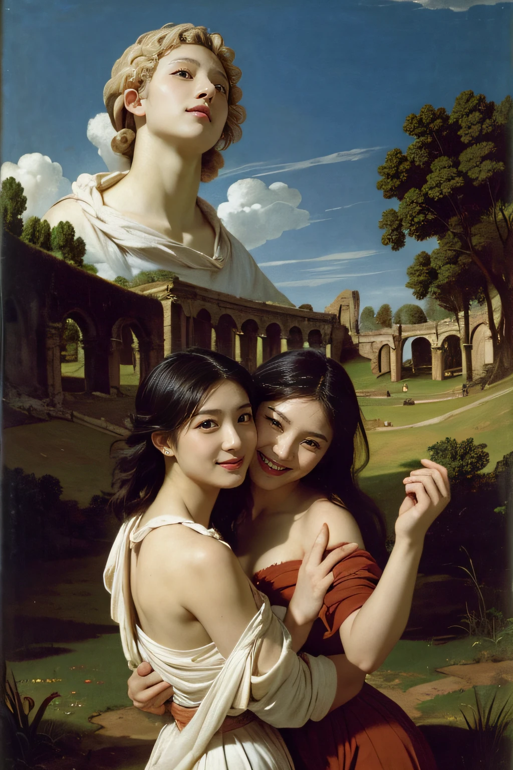 Ancient Roman ruins,Poussin-style landscape,A smile,,Sweet and seductive appearance.、Caravaggio's paintings、Chiaroscuro of Caravaggio、Hair disheveled in the wind,Two women frolicking,Cute smile, Expression of ecstasy,A sexy,Erotic