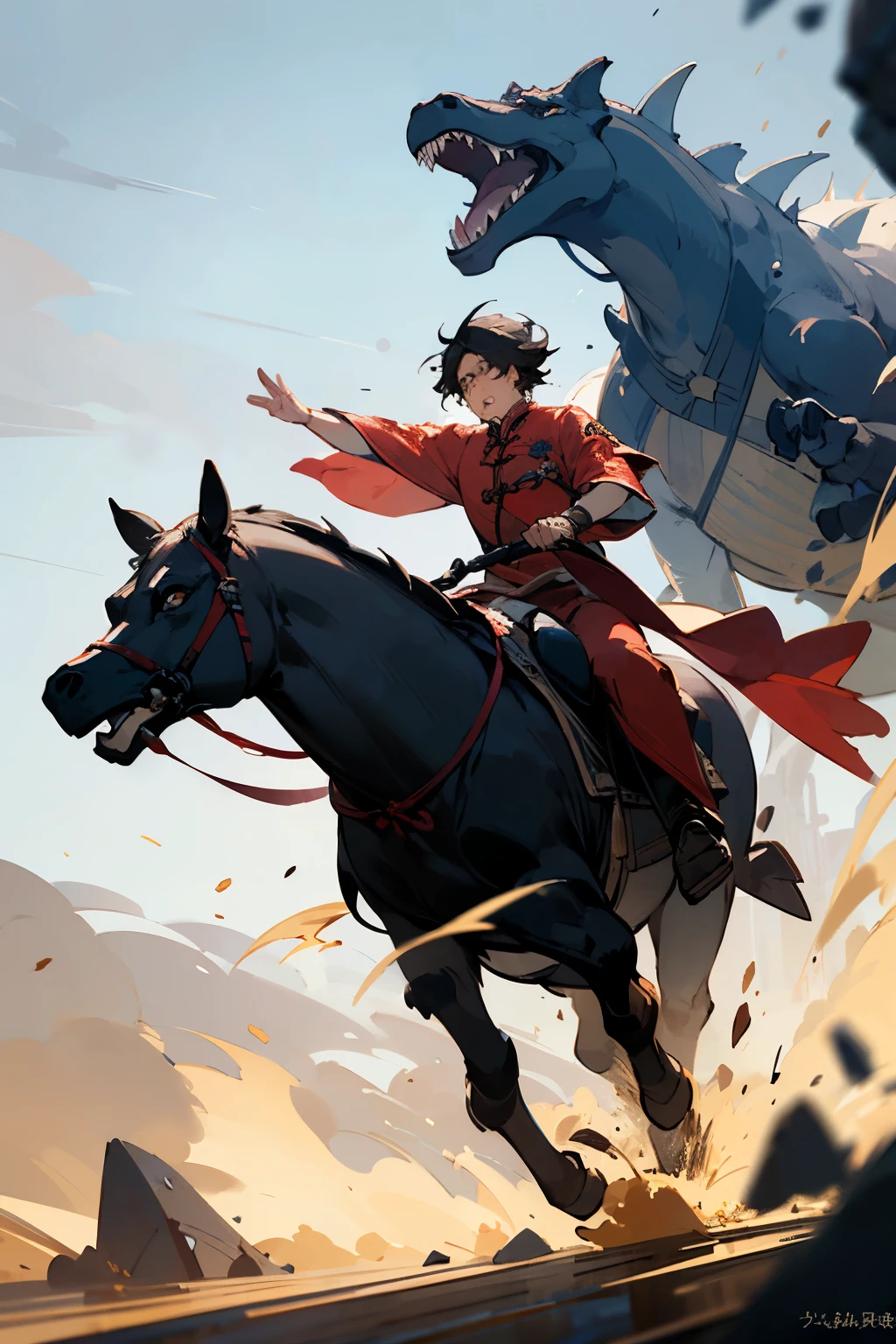 ((Best quality at best)), ((tmasterpiece)), (Detailed pubic hair), s the perfect face,A boy with classical Chinese hairstyle,Wearing ancient Chinese clothing,Riding a body similar to Tyrannosaurus rex,Running on the vast plainehind it was a large group of mounted soldiers galloping in pursuit,The scene is magnificent and majestic,Horse hooves kick up dust,The film attempts to create an atmospheric and realistic composition