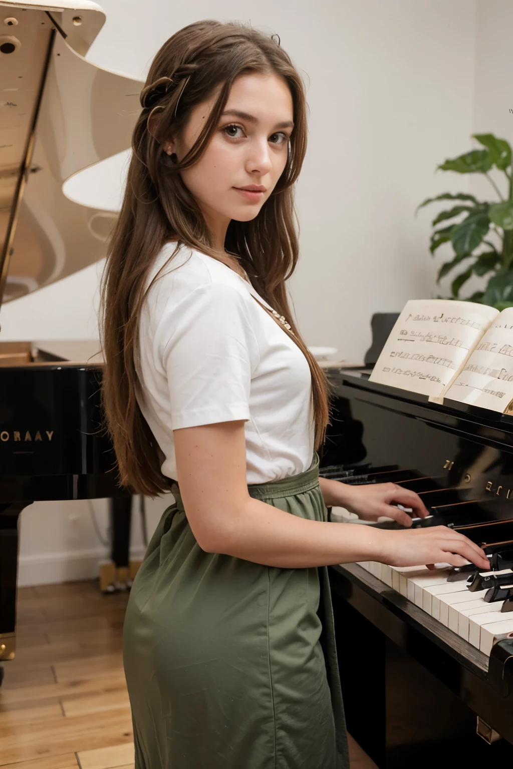 Brunette girl in a green dress in playing the piano. She has long brown hair. Tall man with a little bit of beard is standing behind her, braiding her hair, while she’s playing the piano. The man is wearing a white shirt. The girl is looking at the keys of the piano and the guy is looking at her hair.