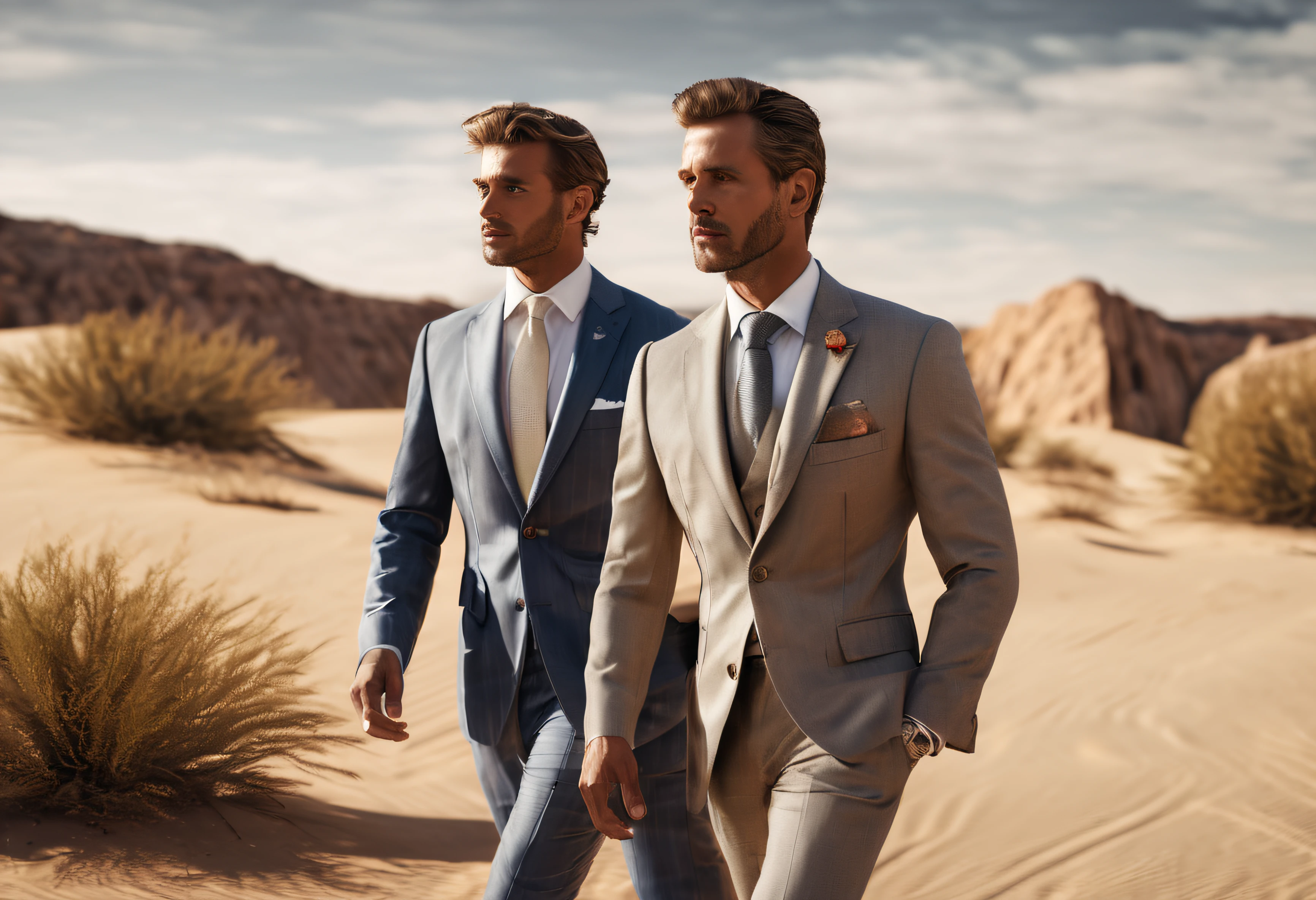 ((best quality)), ((masterpiece)), (detailed), perfect face. Make two men walking in the desert in the same photo wearing bespoke custom suits. make sure the photo is realistic and has a real face on the bodies. Make use of texture, especially on the suits.