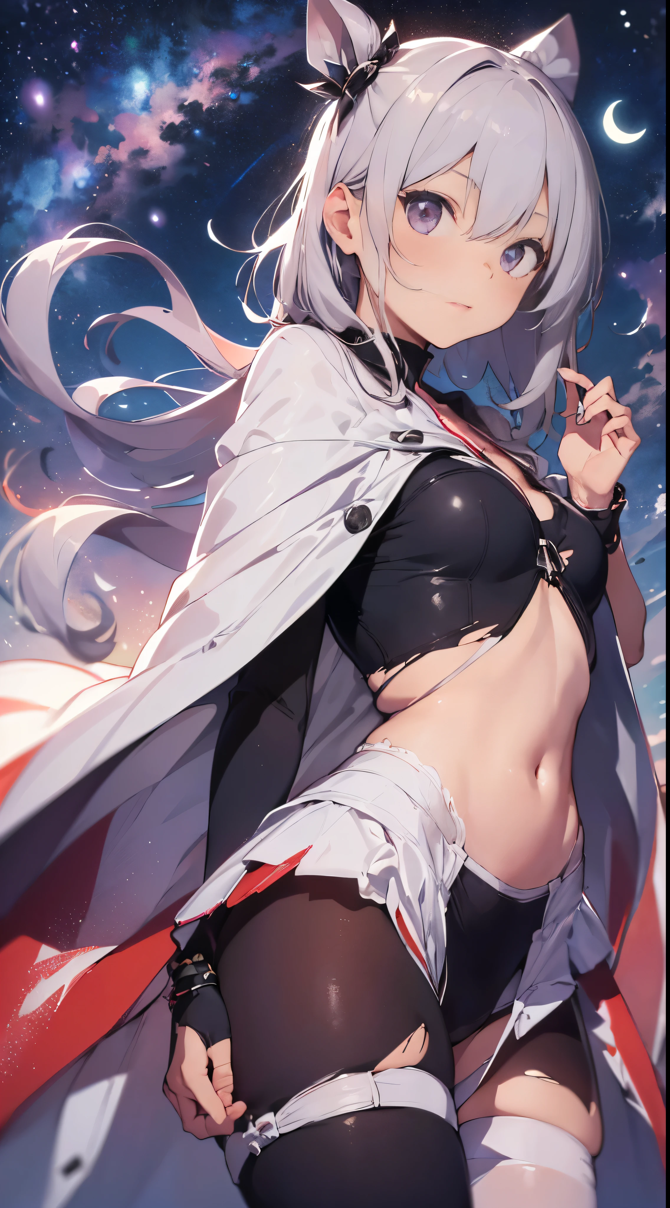 1girl, 18 year old female, Okita Souji Alter, Fate Grand/Order, anime style, ultra realistic, high detail, sexy pose, sexy, beautiful, exposed skin, slender, skinny, exposed breast, breast, nipples, nude, nudity, absurdres, high res, ultrasharp, 8K, UHD, retina, masterpiece, accurate, anatomically correct, perfect anatomy, textured skin, super detail, high details, high quality, award winning, best quality, high res, looking at viewer, detailed eyes, four fingers and one thumb per hand, perfect hands, perfect finger, two arms only, no clothes, revealing, white hair, yellow eyes, dark skin, tanned skin