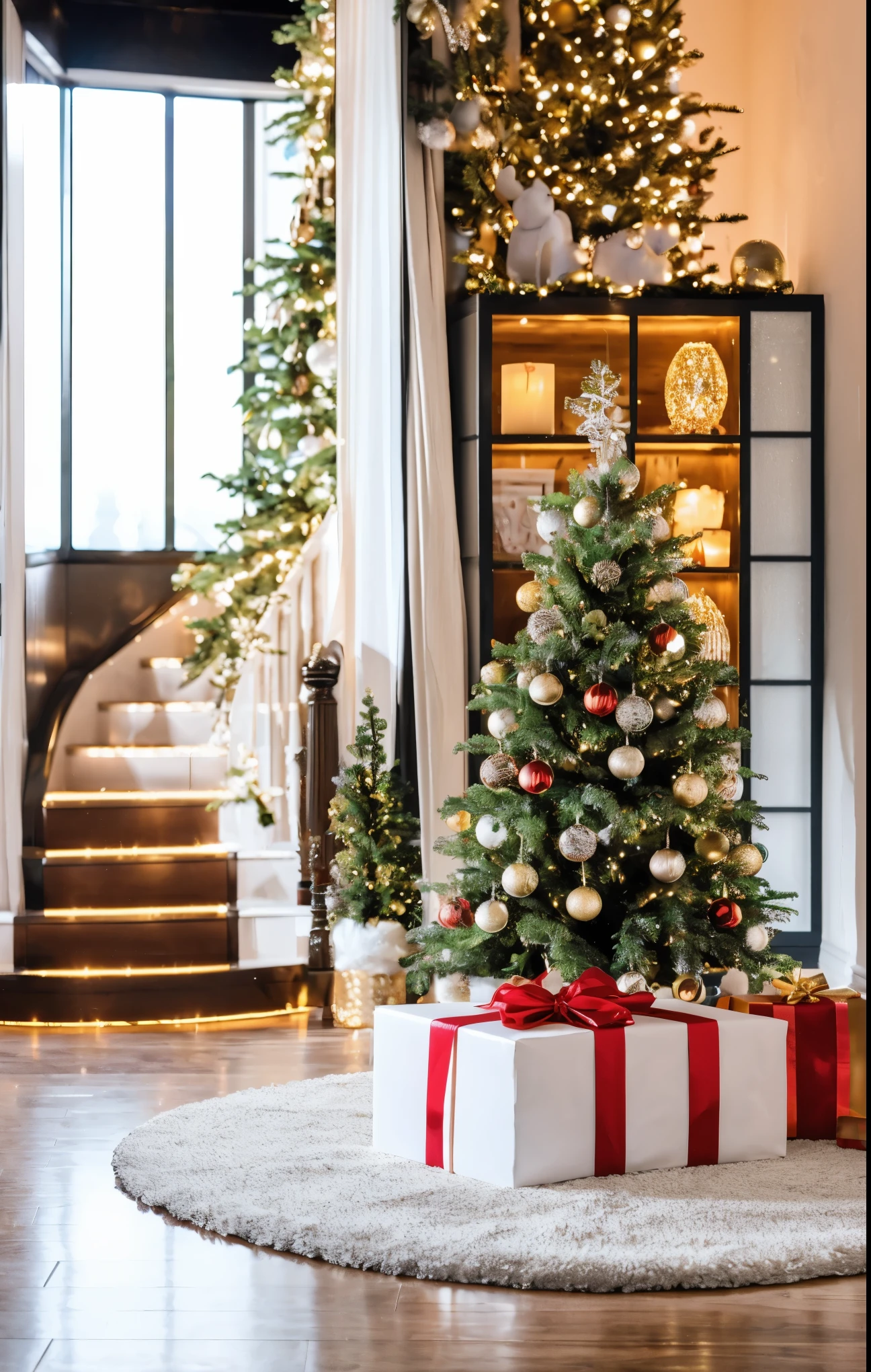 (best quality,4k,8k,highres,masterpiece:1.2),ultra-detailed,realistic,gifts,table,Christmas tree,decorations,wrapping ,bows,ribbon,presents,holiday spirit,vibrant colors,warm lighting,cozy atmosphere,toys,cards,candles,snowflakes,joyful,celebration,exquisite details,exciting surprises,shiny ornaments,sparkling tinsel,beautifully wrapped,excited children,anticipation,festive mood,magical ambiance,delightful moment,wonderful memories,family gathering,cheerful faces,Christmas magic,extravagant,abundance of presents,HDR,UHD,studio lighting,ultra-fine painting,sharp focus,physically-based rendering,professional,vivid colors,bokeh.