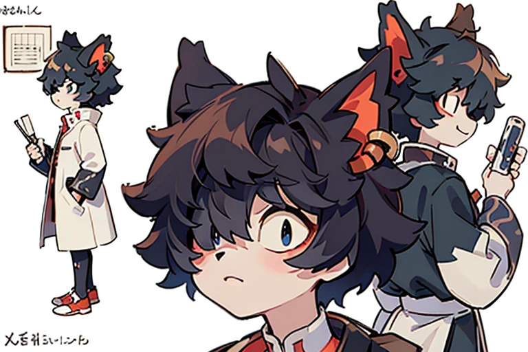 ​master piece, hyper quality, Hyper Detailed, Perfect drawing, 1boy, Plain white background Teenage characters with reference stickers Fresh and cold temperament Masterpiece quality HD portraits Meticulous beauty Proud face Admiration Clear blue eyes Dark gray hair Tousled waving wolf ears Mysterious Inconspicuous wolf tail Clean-lined military trench coat Confident face，Create a pure atmosphere Unique decoration for teenagers Mysterious atmosphere Delicate  boy Strong presence，Hard and soft, a coveted masterpiece, (Character Sheet:1.4), (Concept art:1.4), Fashionable