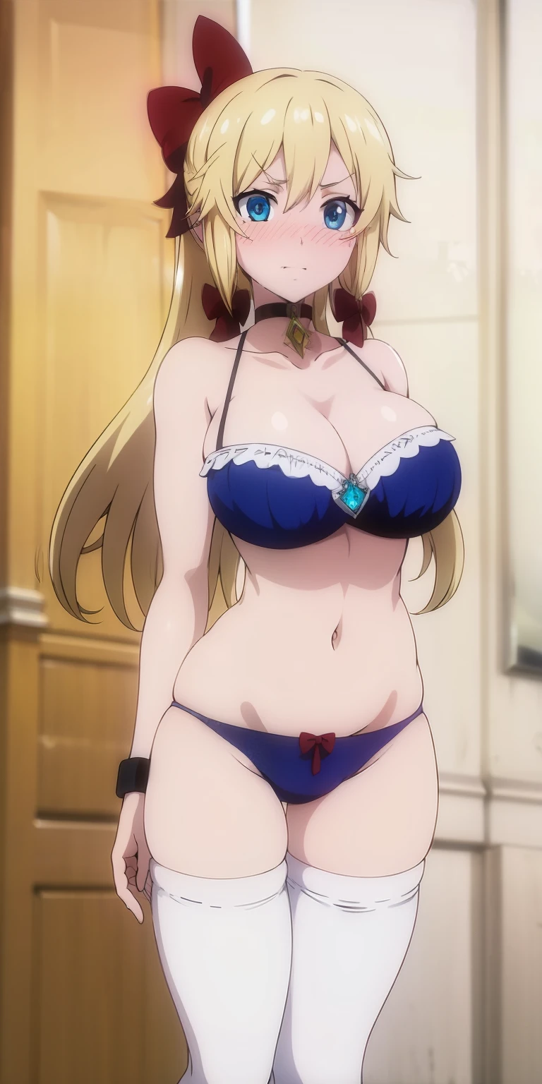 (best quality, masterpiece:1.1),  1girl, solo,   beautiful detailed eyes,
random clothes, underwear,  panties,  blonde_hair, red bow, large breasts,   blue_eyes, cleavage,   navel,  open_shirt, long_hair, white_panties, x hair ornament, emerald necklace, nose_blush, bow_panties, hair_ornament, collarbone ,  looking_at_viewer, choker, thighhighs, 
long hair, red bow,
other world, parallel universe,