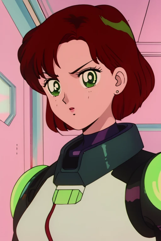 1990s \(style\), retro artstyle, 1990s anime cels style, best quality, high resolution, solo, indoors, retro anime, Jane, solo,short hair,red hair,green eyes, Shepard, black power armor, standing, upper body, N7, space pod, neon lights, (insanely detailed, beautiful detailed face, masterpiece, best quality)