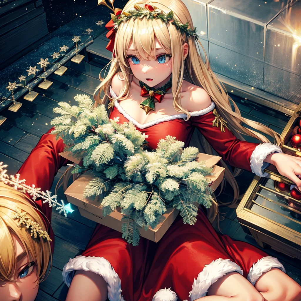 A sliver blond girl with blue eyes and in a tight Santa dress with Christmas hat on Under a mistletoe