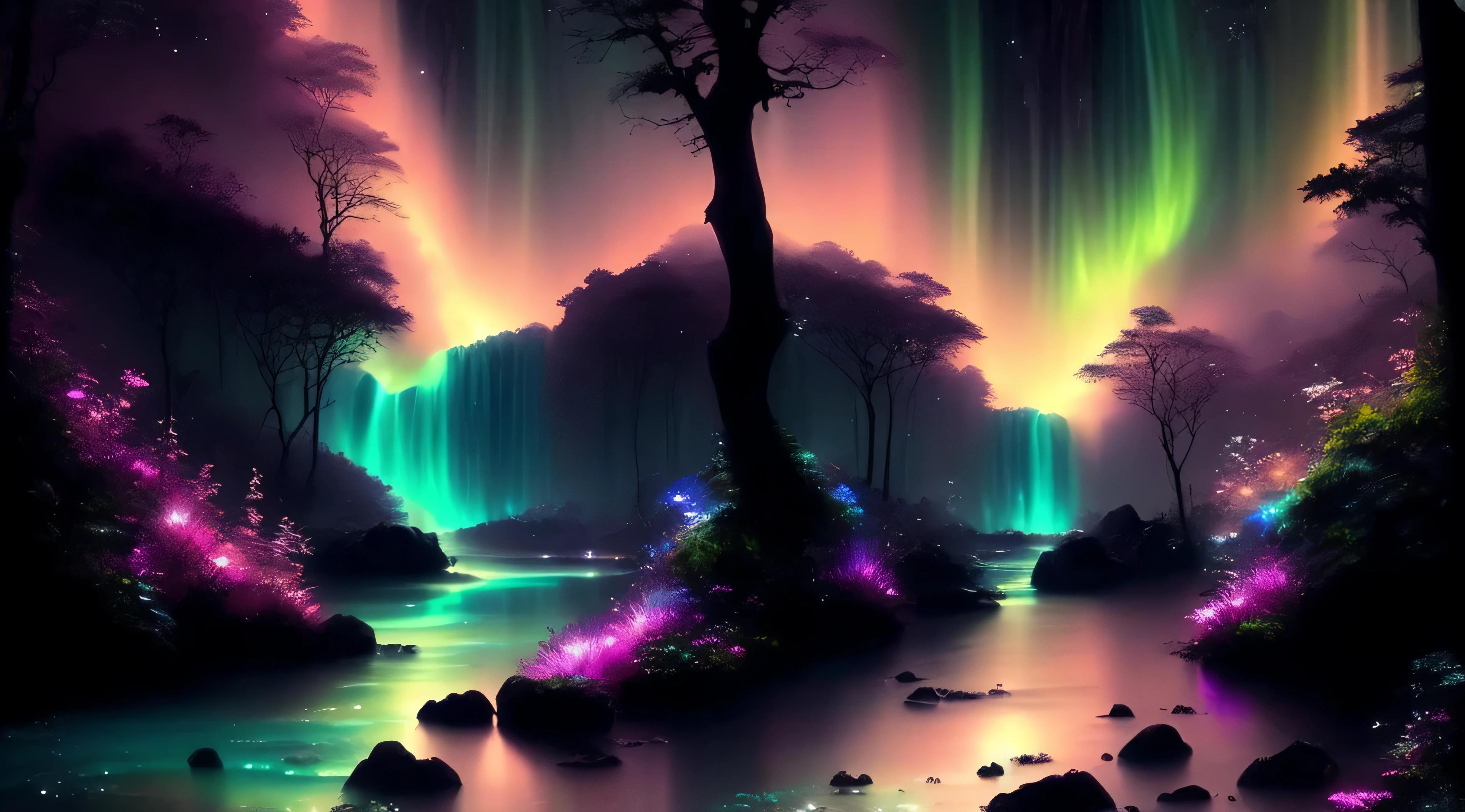 Pictures of streams in the forest，The background is a waterfall，Above is the bright aurora , Chaingirl dark style elegant, The content is very detailed, digitial painting, art  stations, concept-art, Matte, Focus sharp, illuminations, Art germ、Artwork by Greg Rutkowski and Alphonse Muya