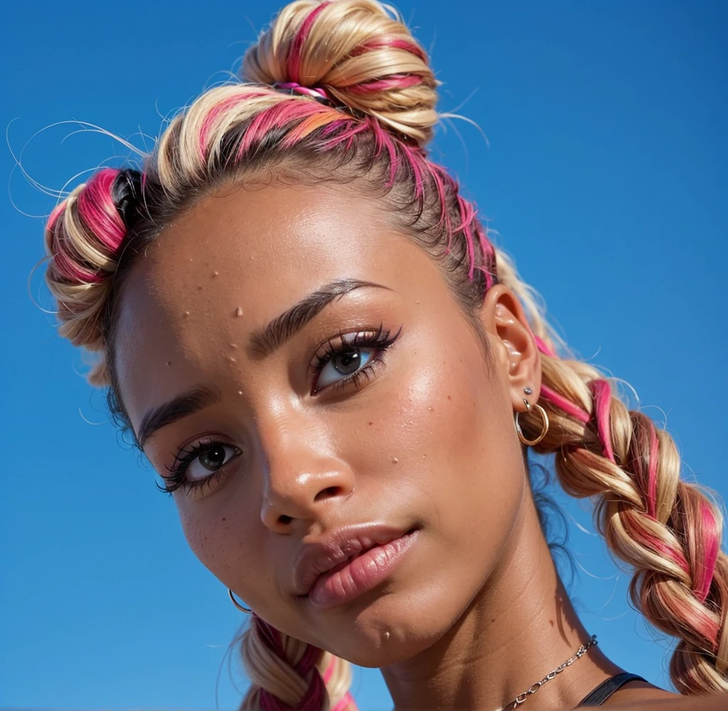 a black American girl with a styled pink cornrow hairstyle,