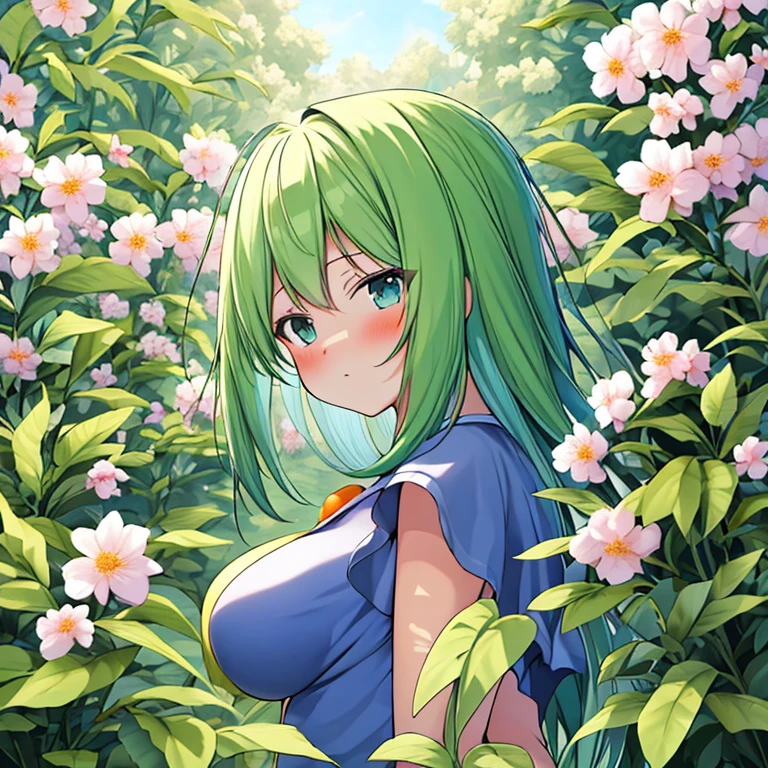 1girl, masterpiece, alraune, flower, large breasts, navel, purple_hair, purple_eyes, wisteria, parted lips, flowers, garden, {topless}, pasties, looking_at_viewer, forest, arms_at_sides, arms_behind_head