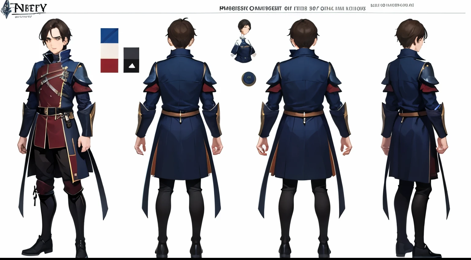 1man, reference sheet, full body, 3 quarter front view and 3 quarter back view, matching outfit, (fantasy character sheet, front, back, left, right) Town guard. knight appearance. short hair, amour. Confidence look. (masterpiece:1.2), (best quality:1.3).