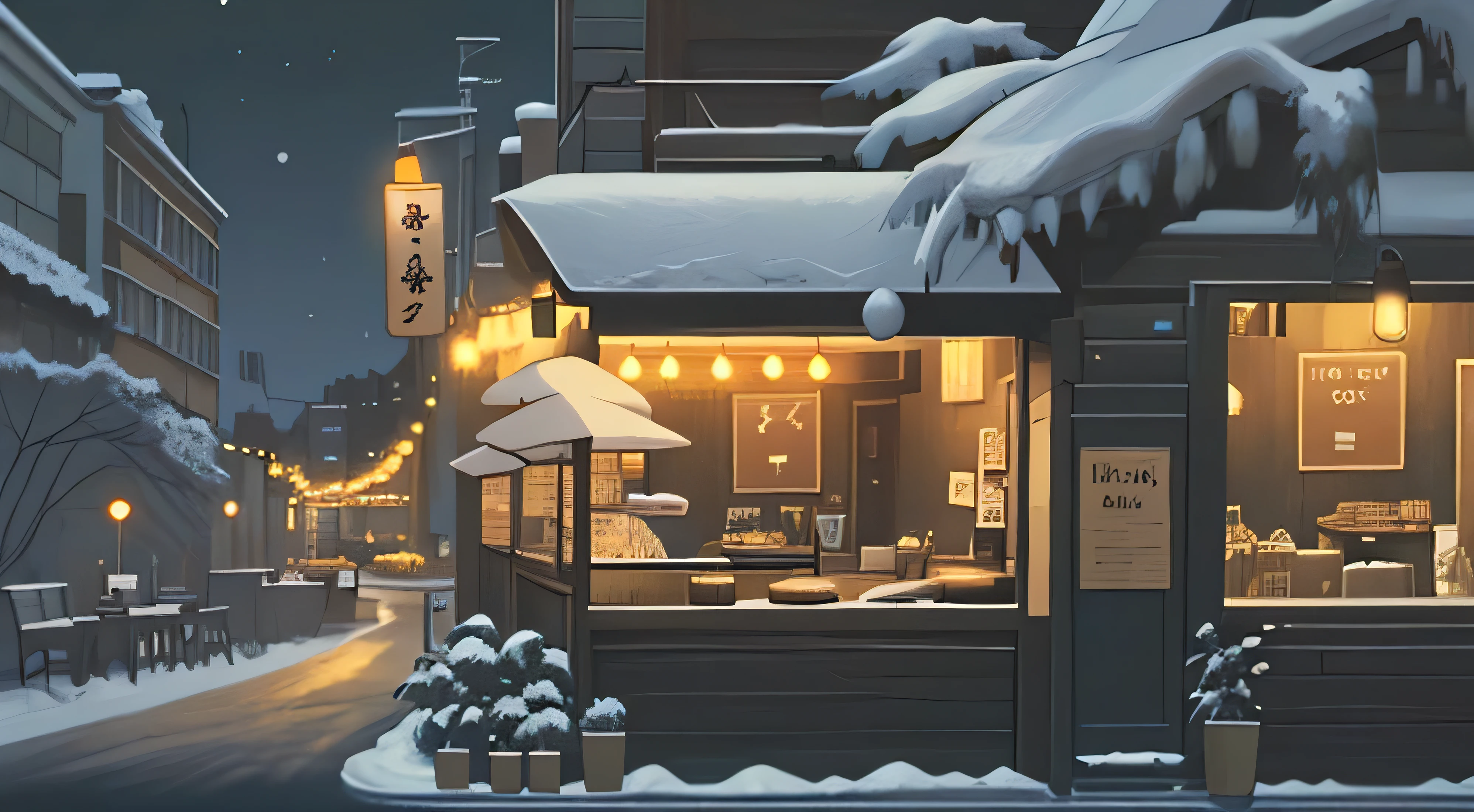 cafe, cafe sign on roof, winter, at night