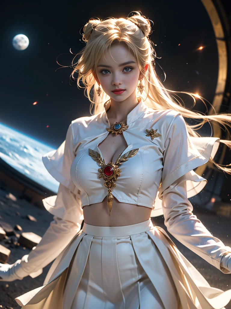 tmasterpiece，Highest image quality，super detailing，Best quality at best ,Extremely Delicately Beautiful, Very meticulous,Best quality at best, offcial art, extremely detaild的 CG unified 8k wallpapers, Ana de Armas portrait photo, 金发eBlue eyetremely detailed CG unity 8k wallpaper，tmasterpiece，Highest image quality)，(Delicate light and shadow，The picture has a dramatic lens effect)， （Mariner Moon：1.1），Enchanted smile，double tails， eBlue eyes，coiffed blonde hair， tight top，White gloves-skirt，dynamicposes)，The background is the universe(superior detail，The lighting effect is outstanding，Vista wide angle)，(Excellent rendering，Enough to stand out from the crowd)，Sexy big breasts，Dreamcatcher earrings，The sexiest look，Beautiful floral print silk garments，The most beautiful woman in the world，（Obscenity exposed，Camel toes，），