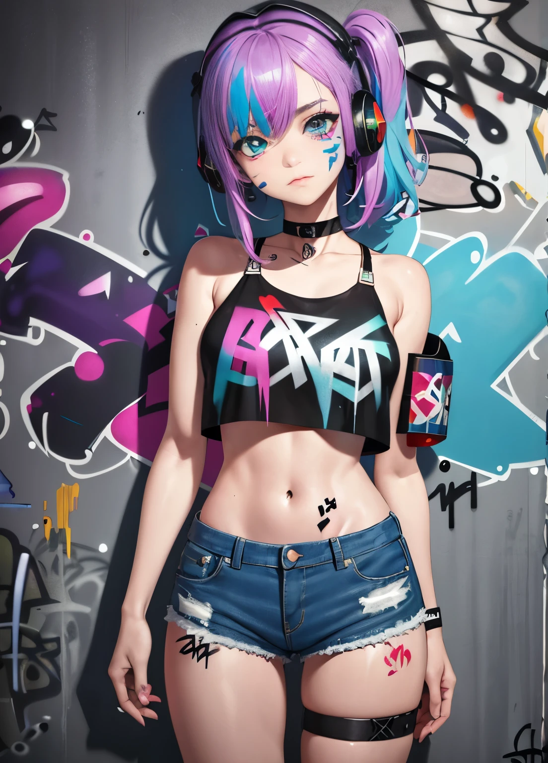 masterpiece, best quality, 1girl, solo, crop top, denim shorts, choker, (graffiti:1.5), paint splatter, arms behind back, against wall, looking at viewer, armband, thigh strap, paint on body, head tilt, bored, multicolored hair, aqua eyes, headset,