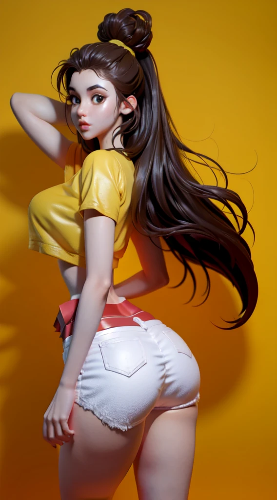 1 woman long hair ponytail bun average breast wide hips thick ass cute face, white sheer daisy's dukes and white crop top]