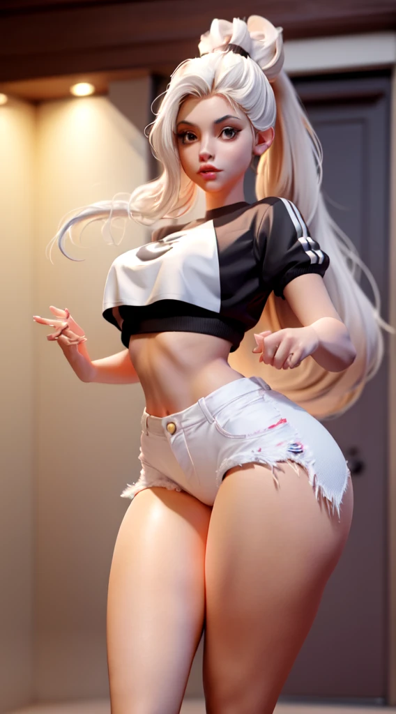 1 woman long hair ponytail bun average breast wide hips thick ass cute face, white sheer daisy's dukes and white crop top]