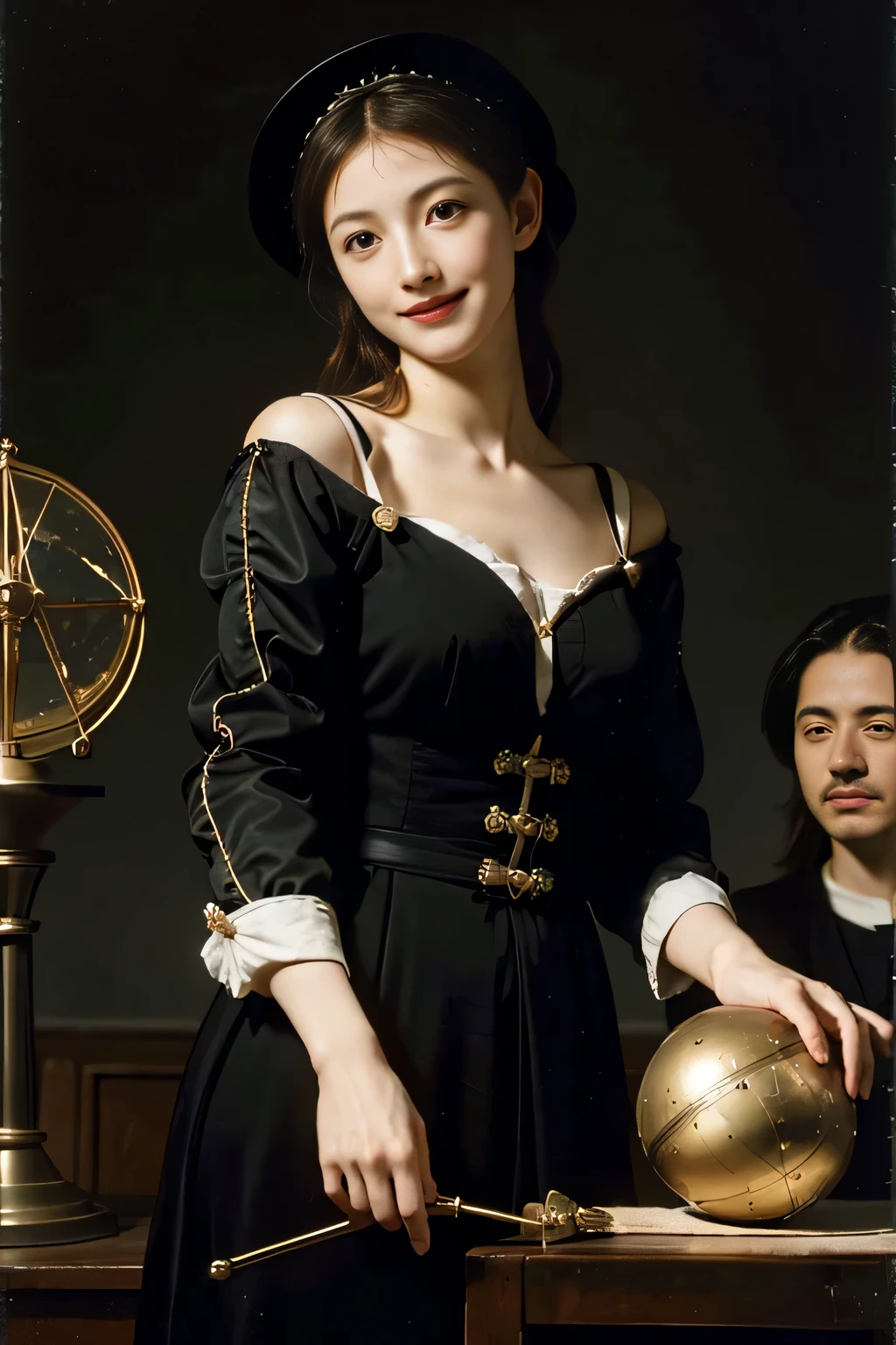 female mathematician,Ancient Greek costumes,Astronomical machinery,antique,A smile,,Sweet and seductive appearance.、Caravaggio's paintings、Chiaroscuro of Caravaggio,,Cute smile, Expression of ecstasy,erotick,A sexy