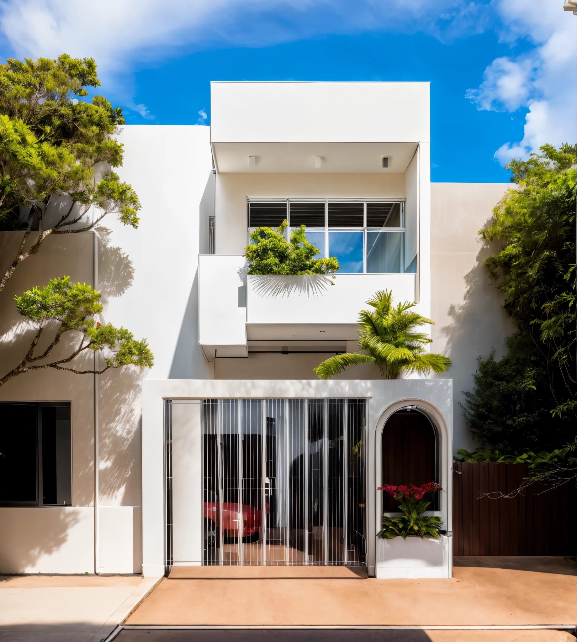 RAW photo,Masterpiece, high quality, best quality, authentic, super detail, townhouse, modern house with (white wall:1.2), glass windows, railing glass, gate, fence, car(square air hole:1.1),tropical trees, day, ((beautiful sky)), (high detailed :1.2), 8k uhd, dslr, soft lighting, high quality, film grain, Fujifilm XT3