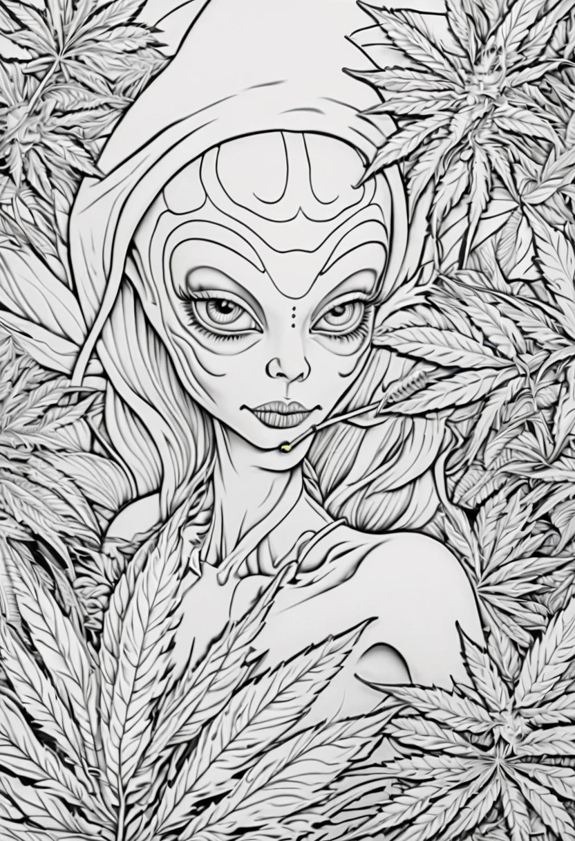 ((framed in a Coloring book)).coloring Line Art, Druged female alien, huge, capsuled female alien 3 d art, stunning artwork, extremely high quality artwork, beautiful artwork, Female Ganja alien, marihuana, critical, canabis sativa,THC, smoking a big joint, smoke, fume, Coloring book in 3d render, marijuana leaves, magic marijuana plants in background, wide shot, book, black and white,(best quality,4k,8k,highres,masterpiece:1.2),ultra-detailed,(realistic,photorealistic,photo-realistic:1.37),HDR,UHD,,Coloring Line Art. Attention:Original art by Tupu.