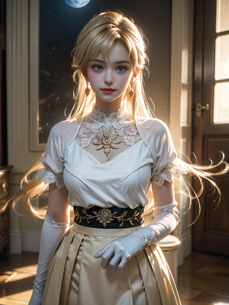 tmasterpiece,Highest image quality,super detailing,Best quality at best ,Extremely Delicately Beautiful, Very meticulous,Best quality at best, offcial art, extremely detaild的 CG unified 8k wallpapers, Ana de Armas portrait photo, 金发eBlue eyetremely detailed CG unity 8k wallpaper,tmasterpiece,Highest image quality),(Delicate light and shadow,The picture has a dramatic lens effect), (Mariner Moon:1.1),Enchanted smile,double tails, eBlue eyes,coiffed blonde hair, Skinny lace top,White gloves-skirt,dynamicposes),The background is the universe(superior detail,The lighting effect is outstanding,Vista wide angle),(Excellent rendering,Enough to stand out from the crowd),Sexy big breasts,Dreamcatcher earrings,The sexiest look,Beautiful floral print silk garments,The most beautiful woman in the world,(Obscenity exposed,Camel toes,),