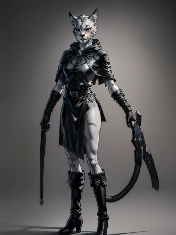 no background, background clean, standing character full body ((solo)), khajiit female beautiful adult, big ears lynx, tail panther, perfect slim body,  beautiful charming cute face, pretty detail eyes, beautiful detailed lips, extremely detailed eyes and face, black boots, black gloves, black medieval cloak, spotted white-like skin color, skin color-black