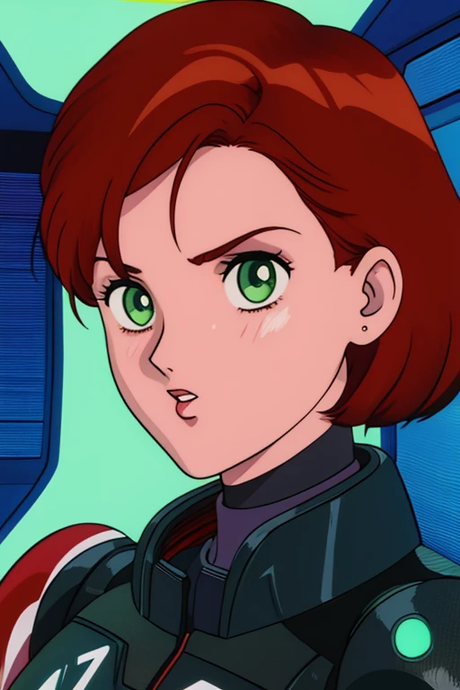 1990s \(style\), retro artstyle, 1990s anime cels style, best quality, high resolution, solo, indoors, retro anime, Jane, solo,short hair,red hair,green eyes, Shepard, black power armor, standing, upper body, N7, space pod, neon lights, (insanely detailed, beautiful detailed face, masterpiece, best quality)