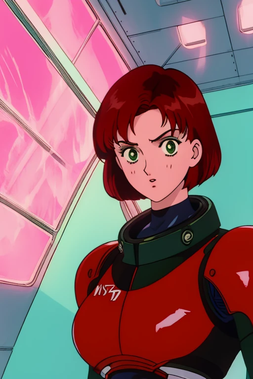 1990s \(style\), retro artstyle, 1990s anime cels style, best quality, high resolution, solo, indoors, retro anime, Jane, solo,short hair,red hair,green eyes, Shepard, black power armor, standing, upper body, N7, space pod, neon lights, (insanely detailed, beautiful detailed face, masterpiece, best quality)