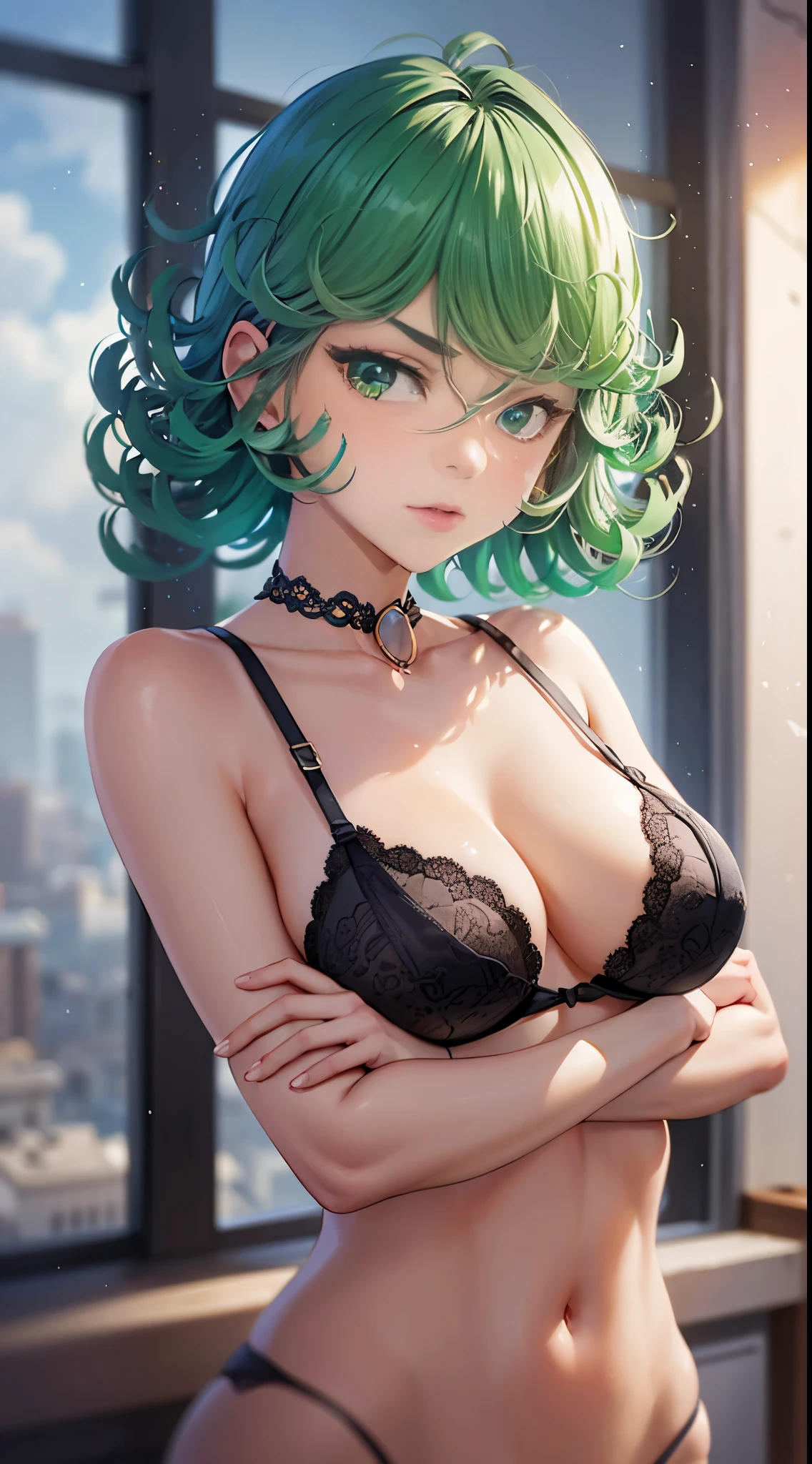 masterpiece, best quality,(colorful), (delicate eyes and face), volumetric light, ray tracing, extremely detailed CG unity 8k wallpaper, tatsumaki, green hair, green eyes, black bikini, bikini, bra, thong, captivating pose, looking at viewer, crossed arms, medium breasts