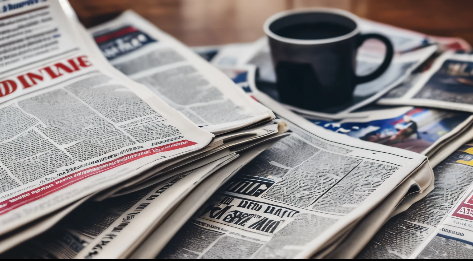 News newspapers scattered on the table, you can see the news headlines, history, aesthetics, realistic, Nikon